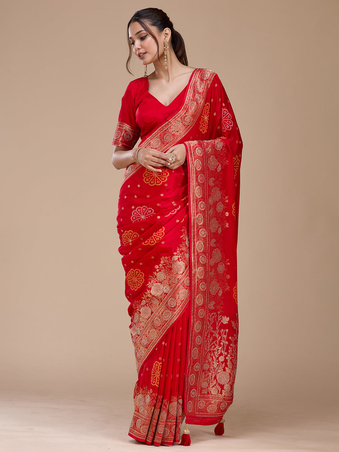Red Stonework Silk Saree