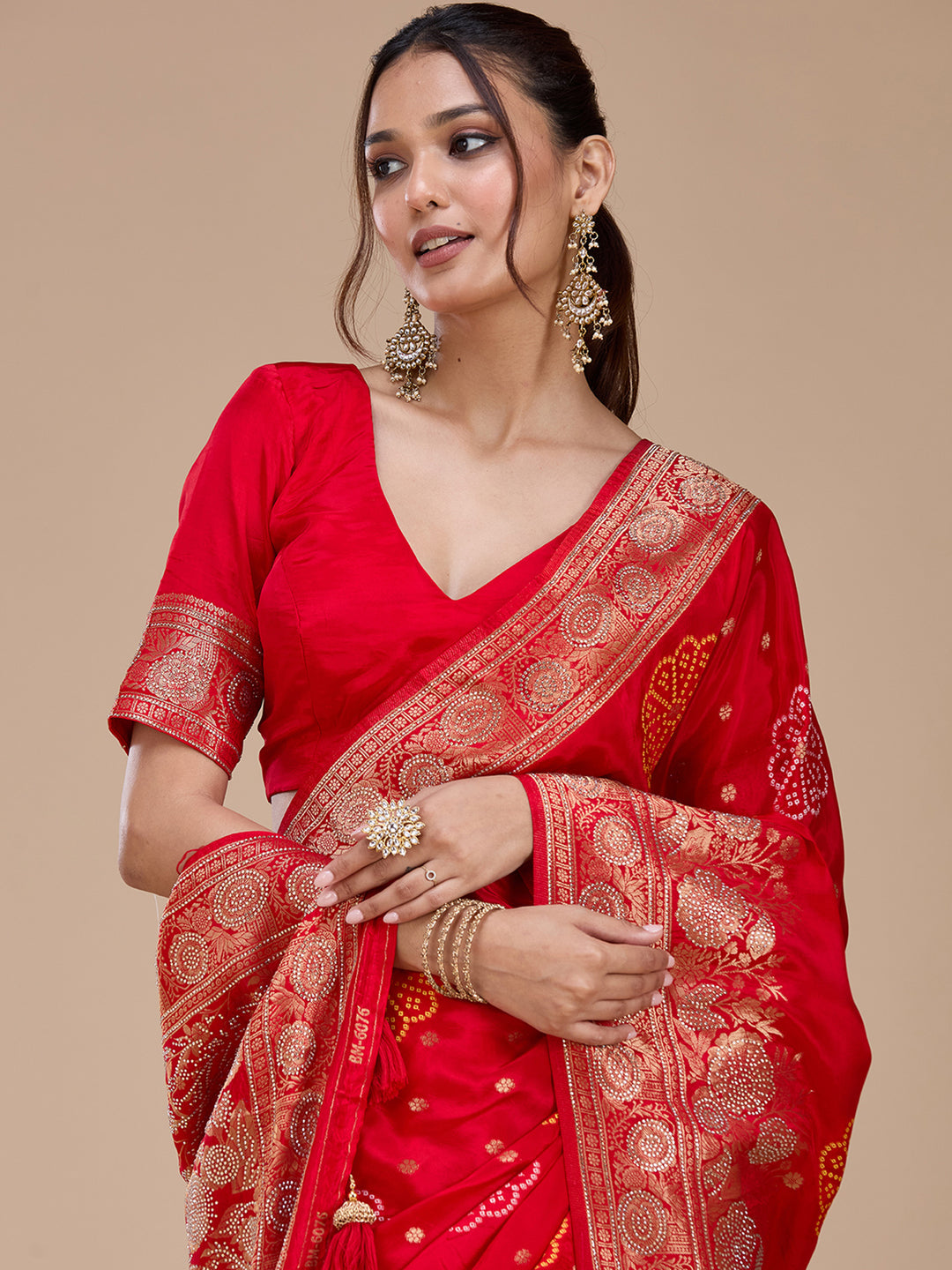 Red Stonework Silk Saree