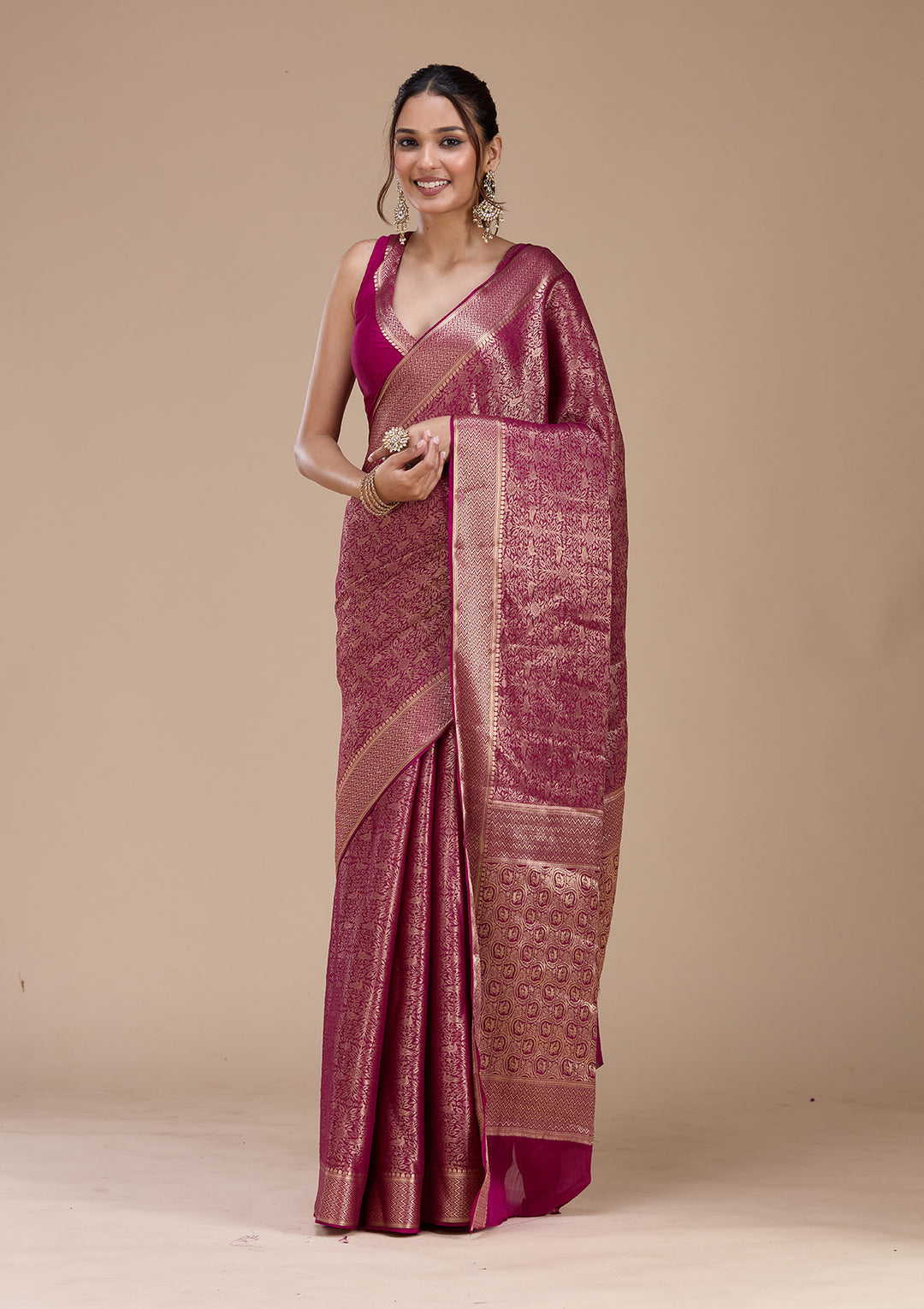 Magenta Pink Zariwork (Gold)  Silk Saree
