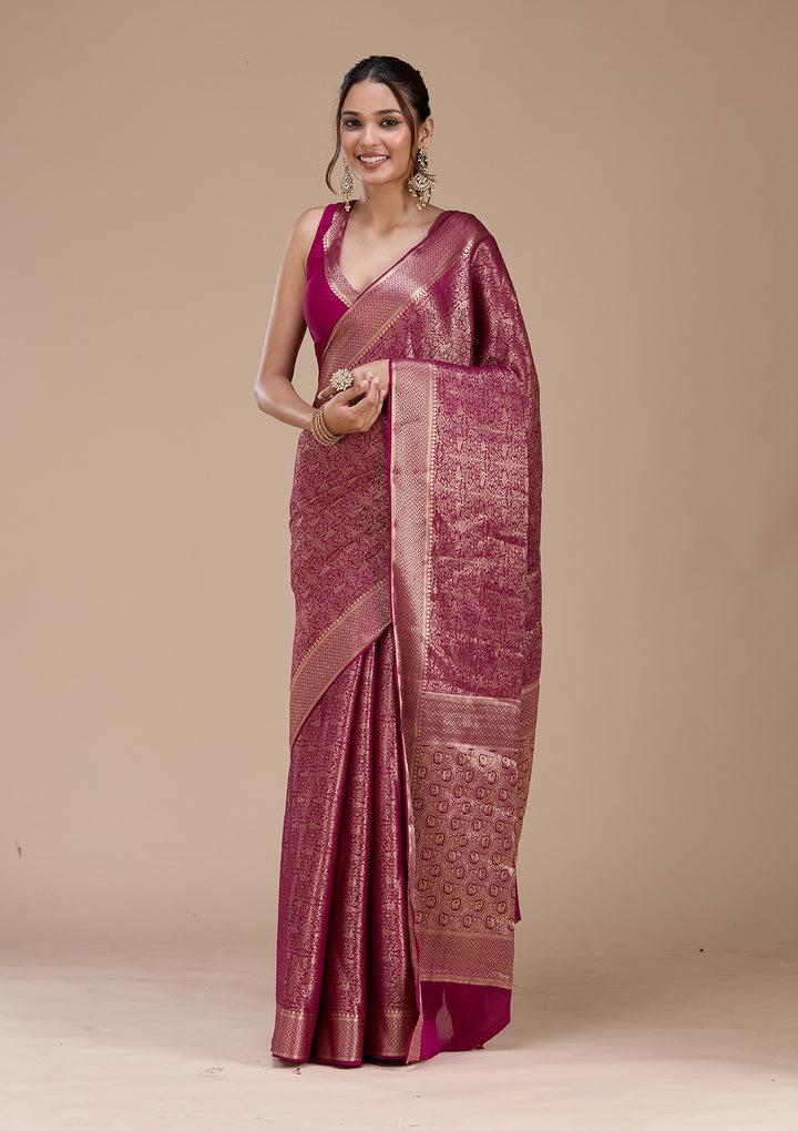 Magenta Pink Zariwork (Gold)  Silk Saree