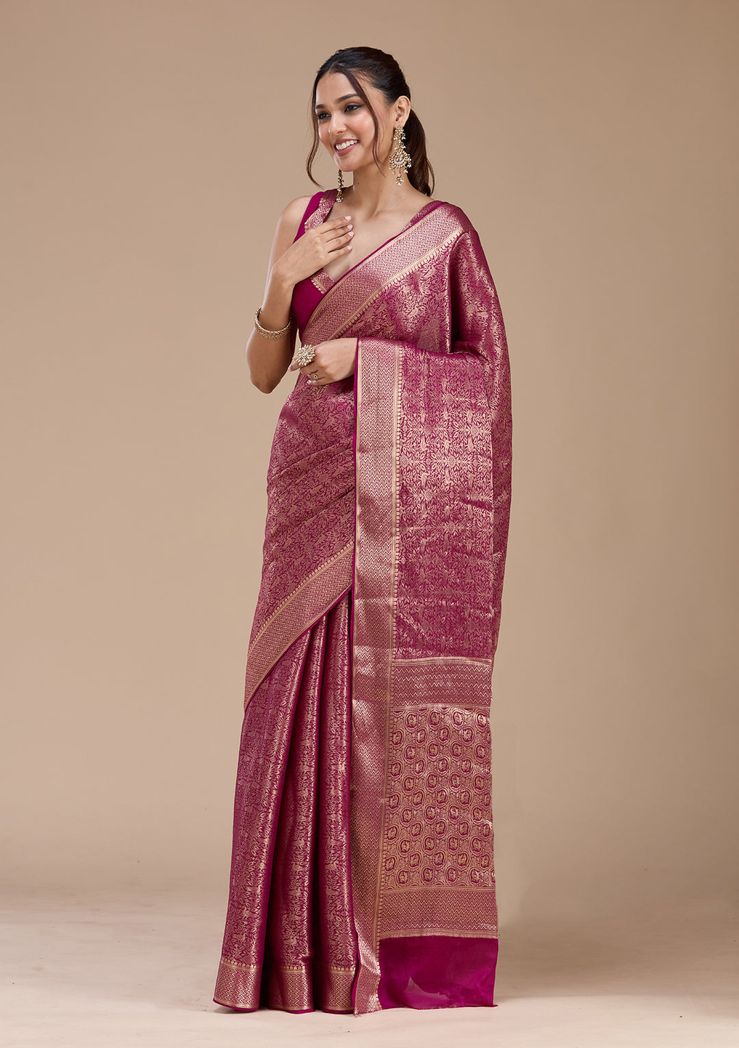 Magenta Pink Zariwork (Gold)  Silk Saree