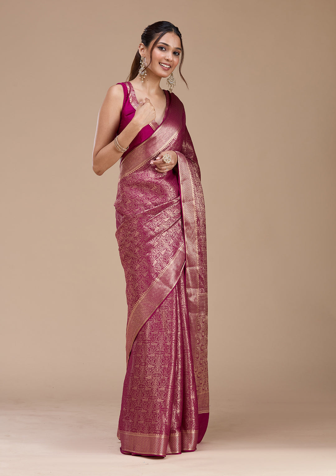 Magenta Pink Zariwork (Gold)  Silk Saree