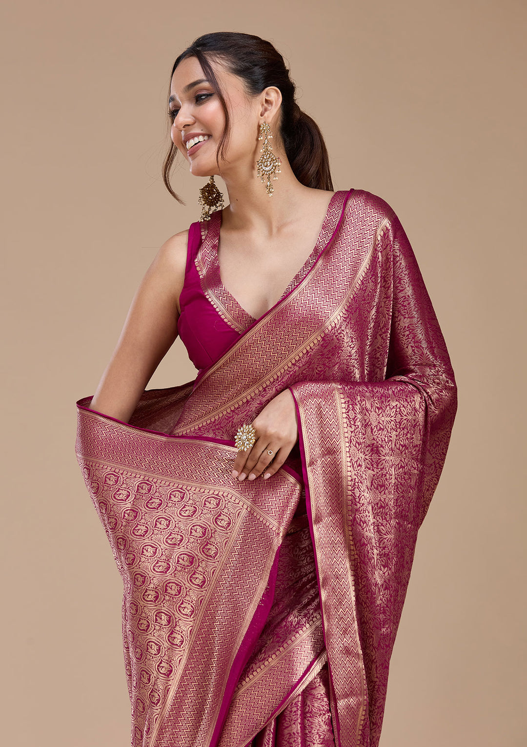 Magenta Pink Zariwork (Gold)  Silk Saree