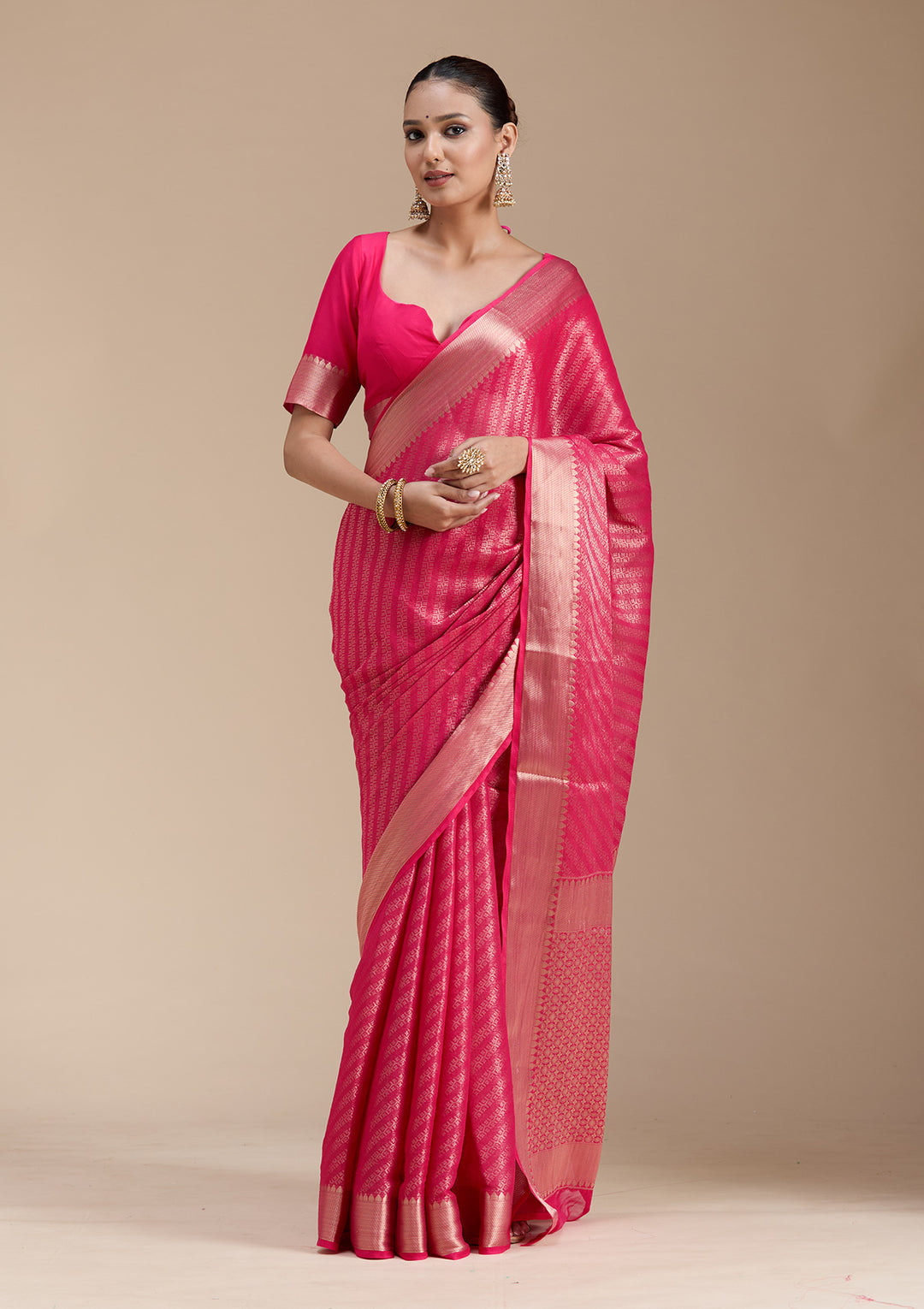 Rani Pink Zariwork (Gold) Georgette Silk_Saree