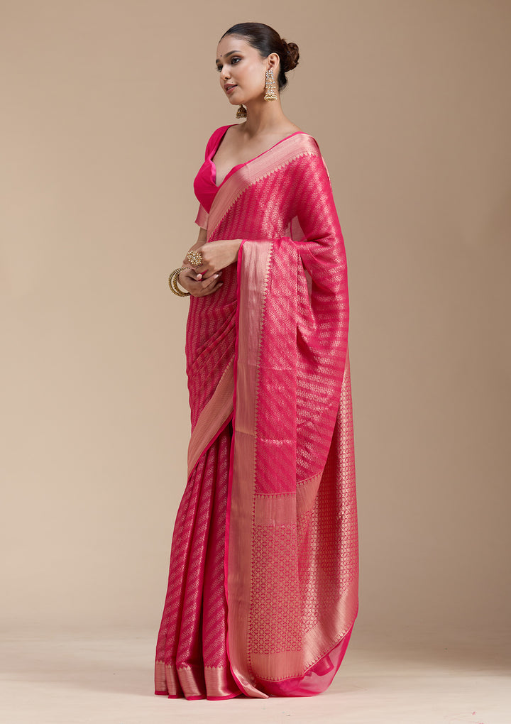 Rani Pink Zariwork (Gold) Georgette Silk_Saree