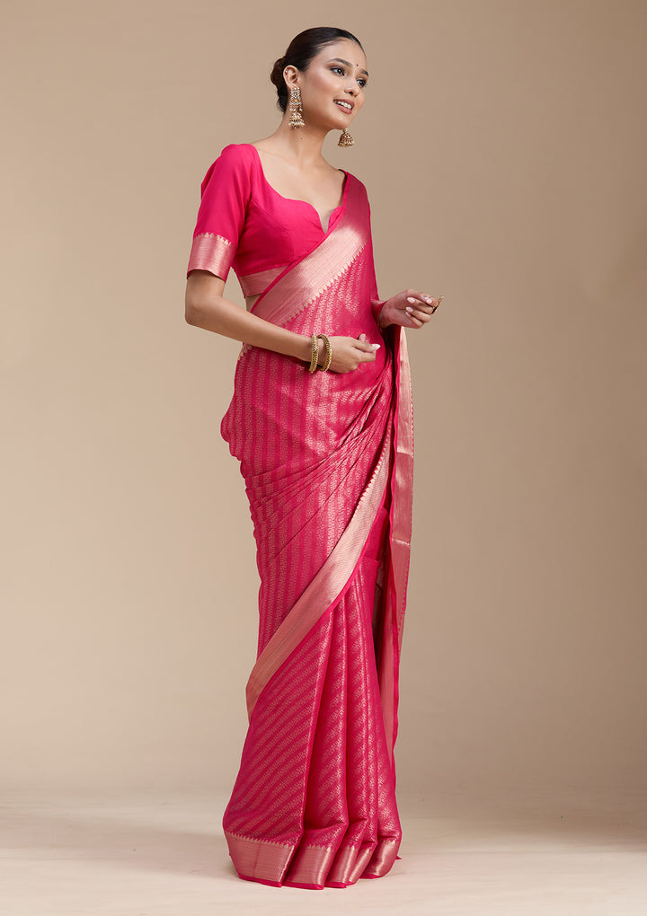 Rani Pink Zariwork (Gold) Georgette Silk_Saree