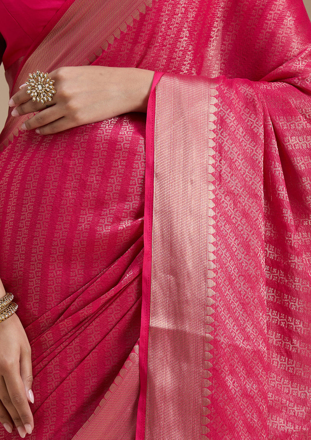 Rani Pink Zariwork (Gold) Georgette Silk_Saree