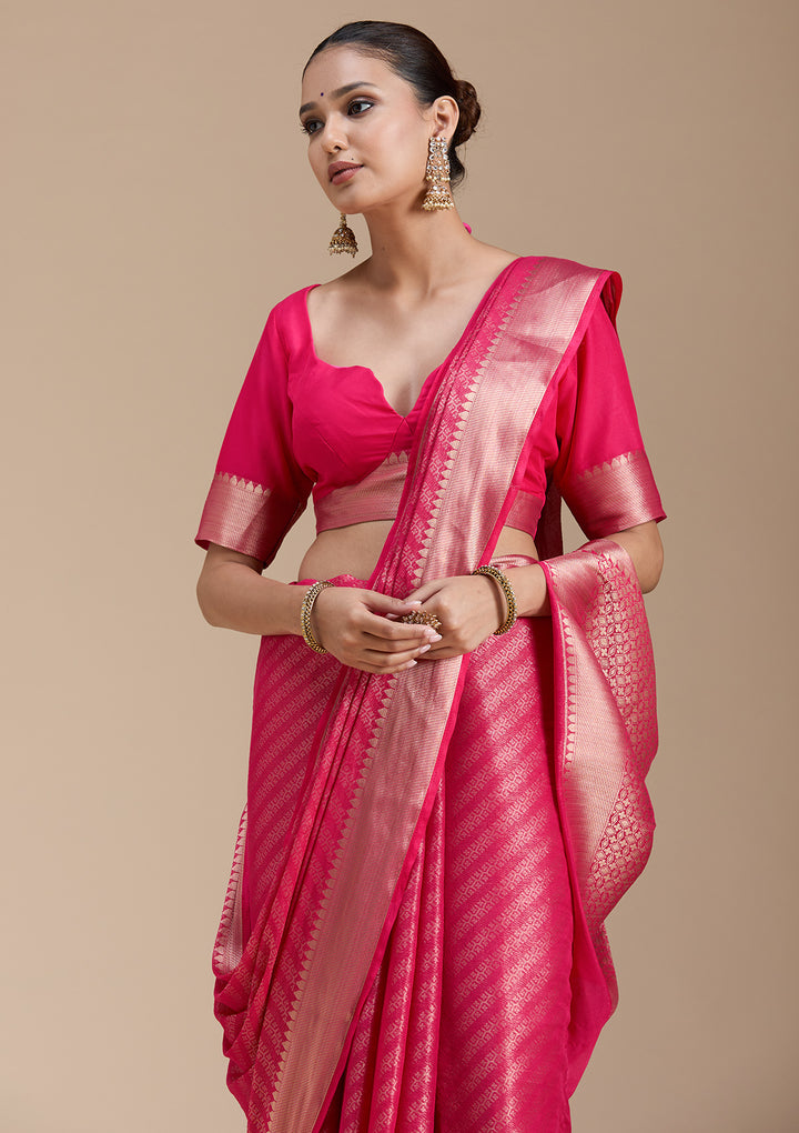 Rani Pink Zariwork (Gold) Georgette Silk_Saree