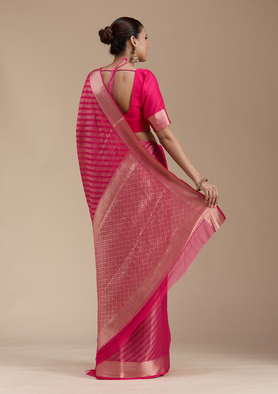 Rani Pink Zariwork (Gold) Georgette Silk_Saree