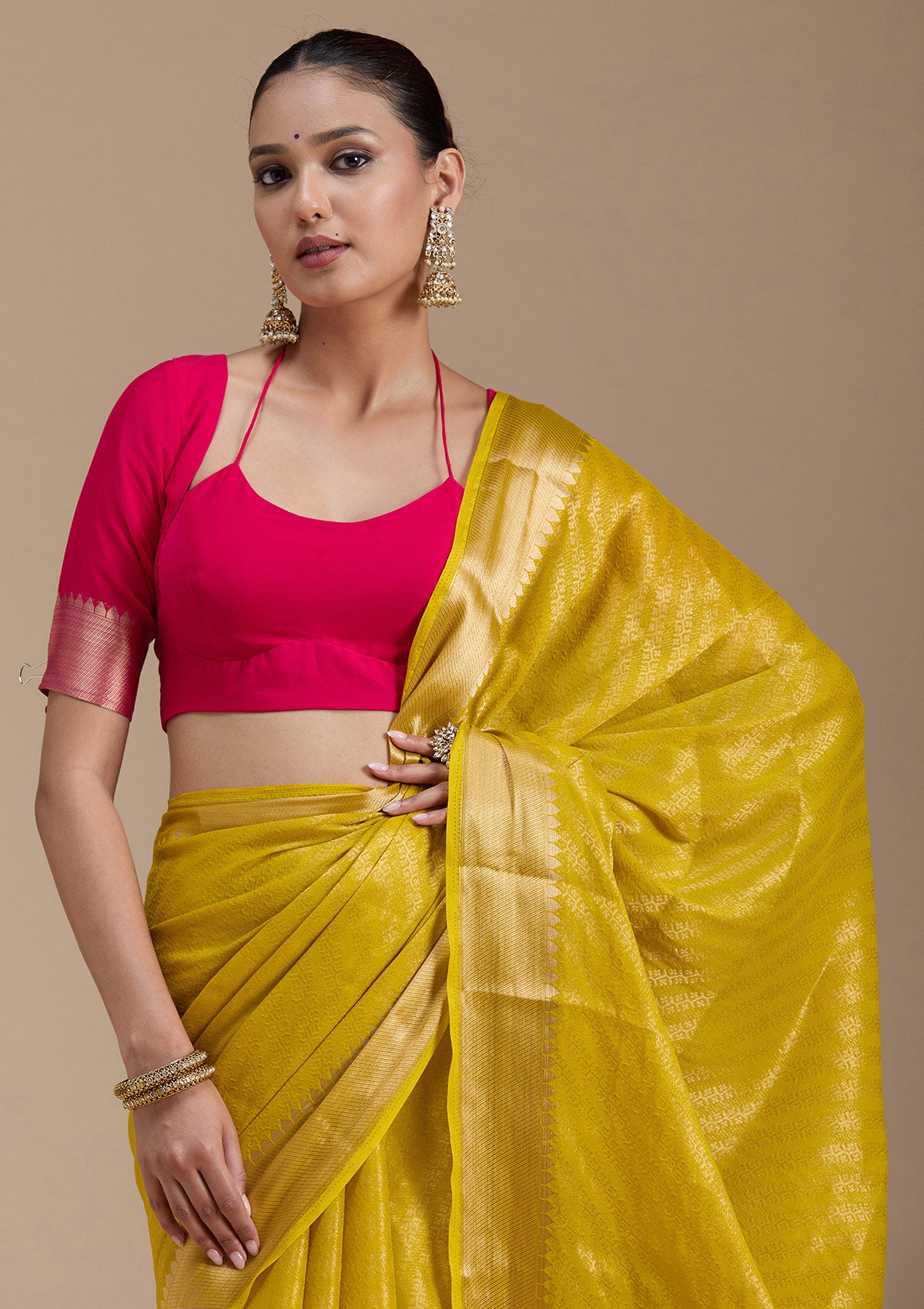 Buy Yellow Zariwork (Gold) Georgette Silk_Saree - Koskii