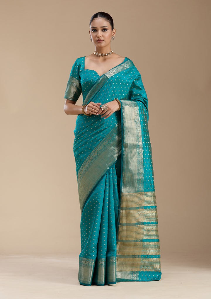 Turquoise Blue Zariwork (Gold) Tussar Silk_Saree