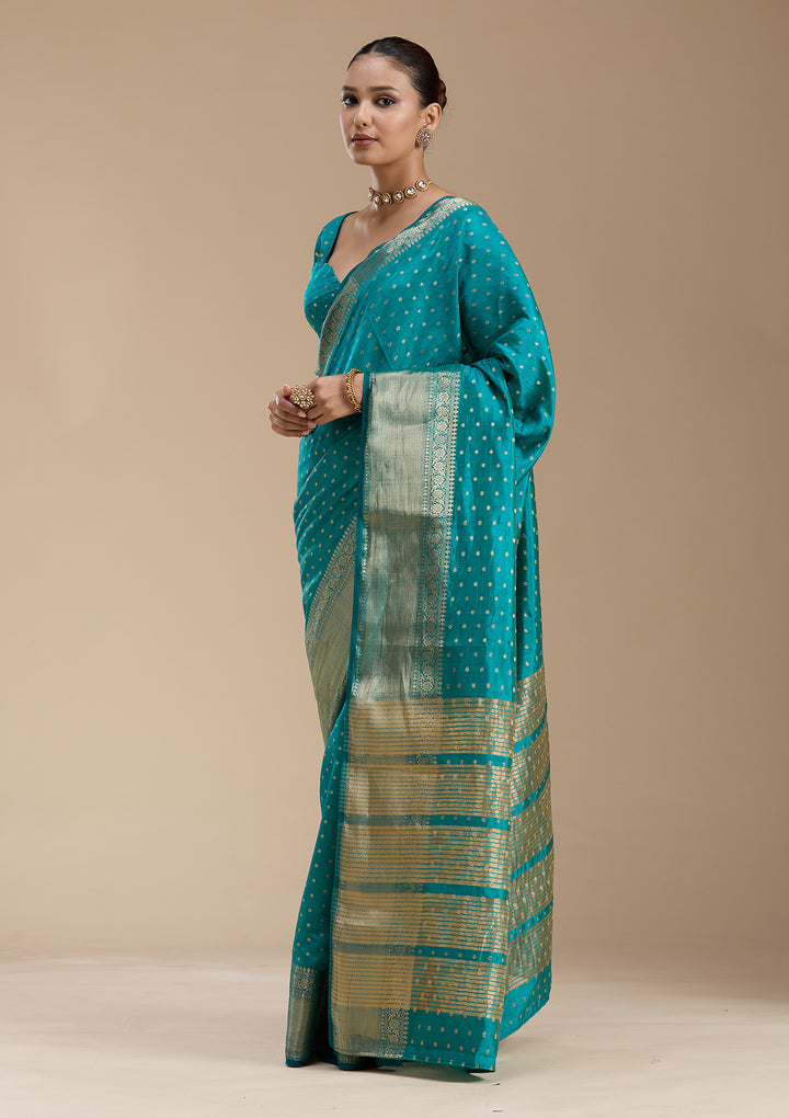 Turquoise Blue Zariwork (Gold) Tussar Silk_Saree