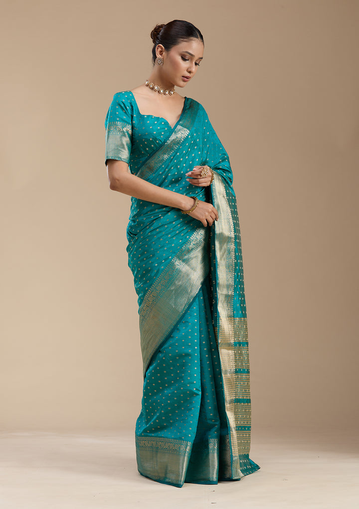 Turquoise Blue Zariwork (Gold) Tussar Silk_Saree