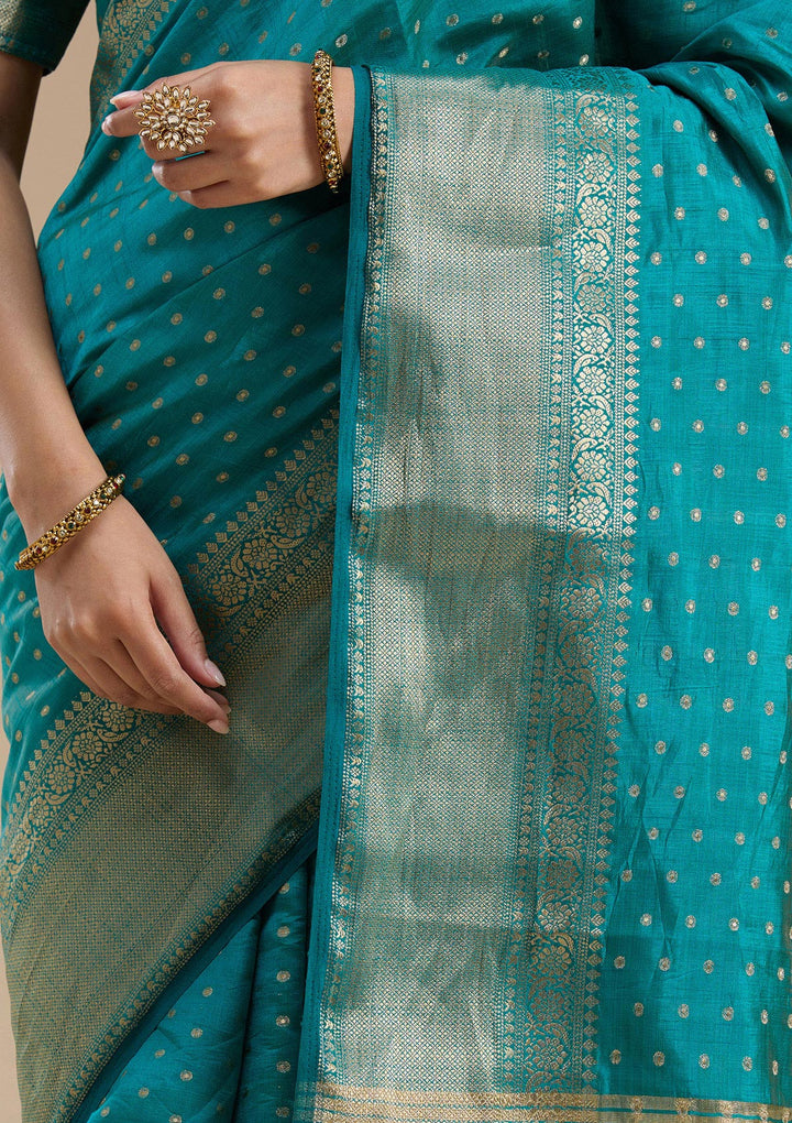 Turquoise Blue Zariwork (Gold) Tussar Silk_Saree