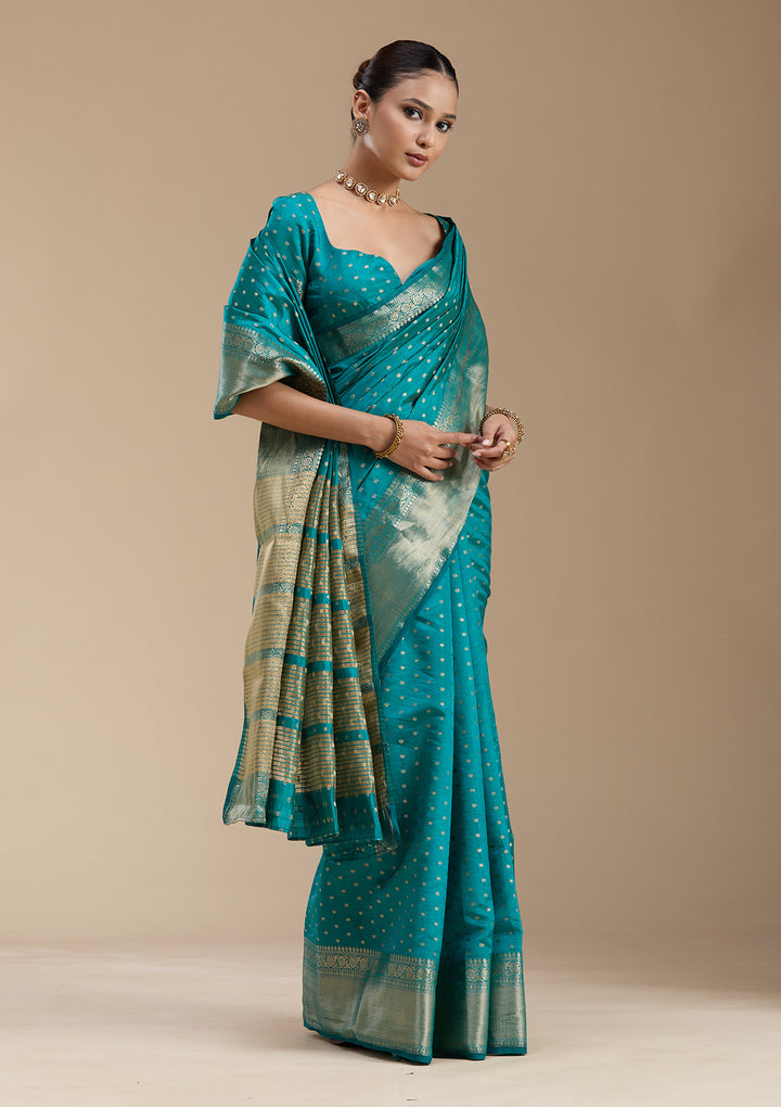 Turquoise Blue Zariwork (Gold) Tussar Silk_Saree