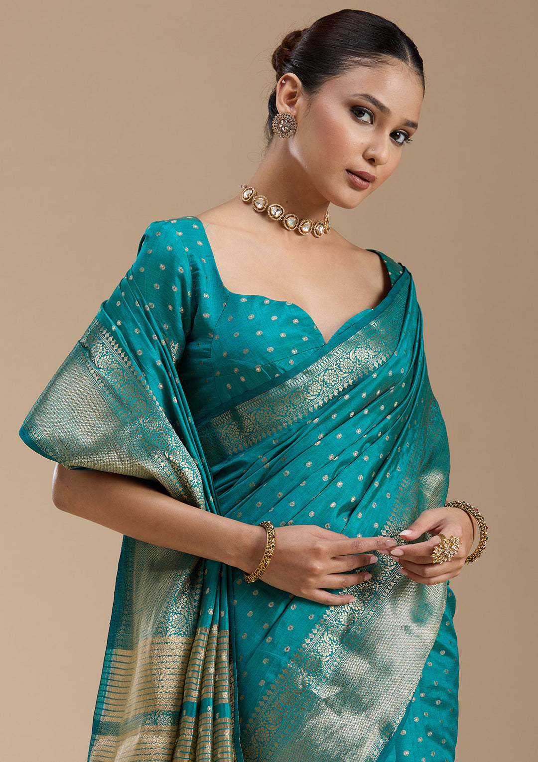 Turquoise Blue Zariwork (Gold) Tussar Silk_Saree