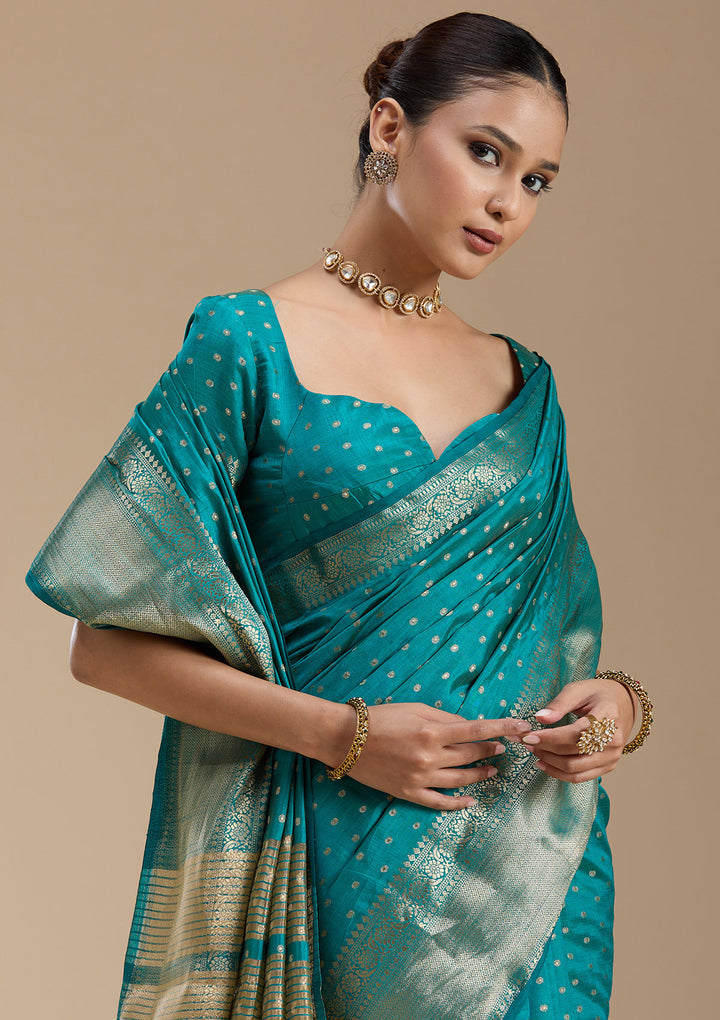 Turquoise Blue Zariwork (Gold) Tussar Silk_Saree