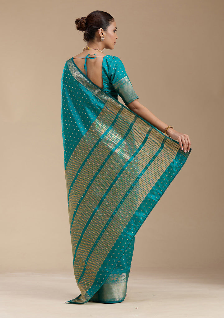 Turquoise Blue Zariwork (Gold) Tussar Silk_Saree