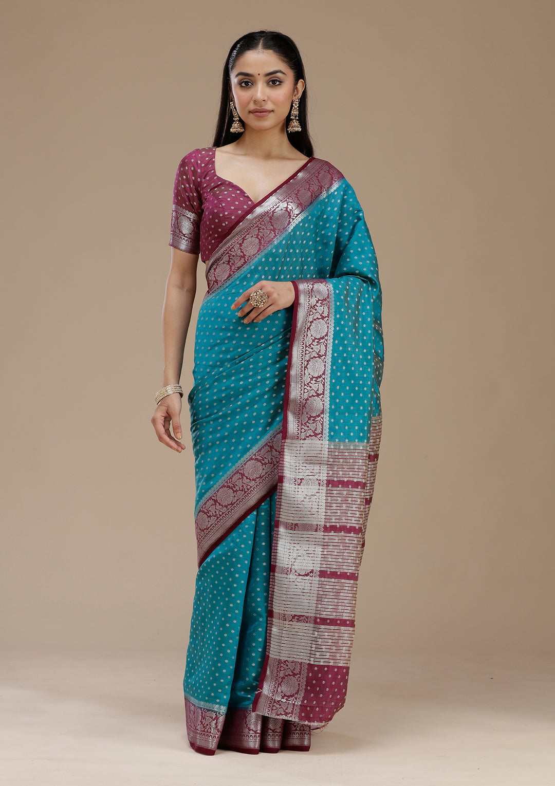 Turquoise Blue Zariwork (Silver) Tussar Silk Saree