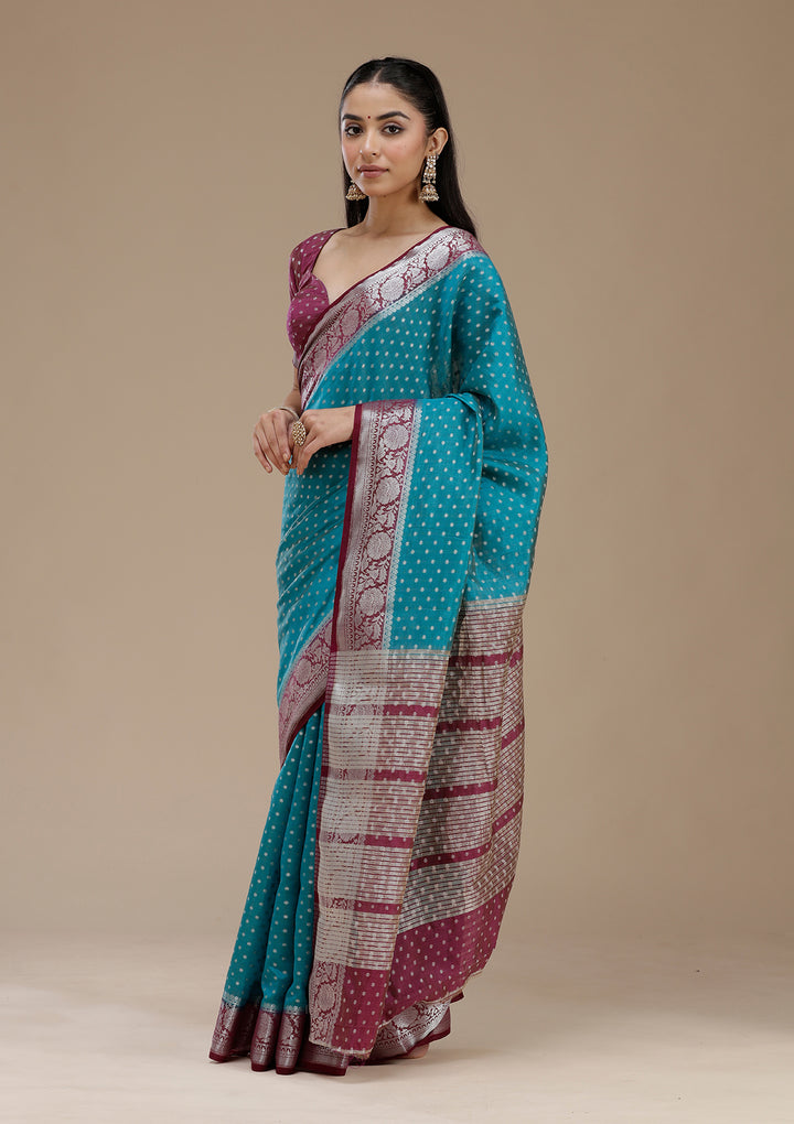 Turquoise Blue Zariwork (Silver) Tussar Silk Saree