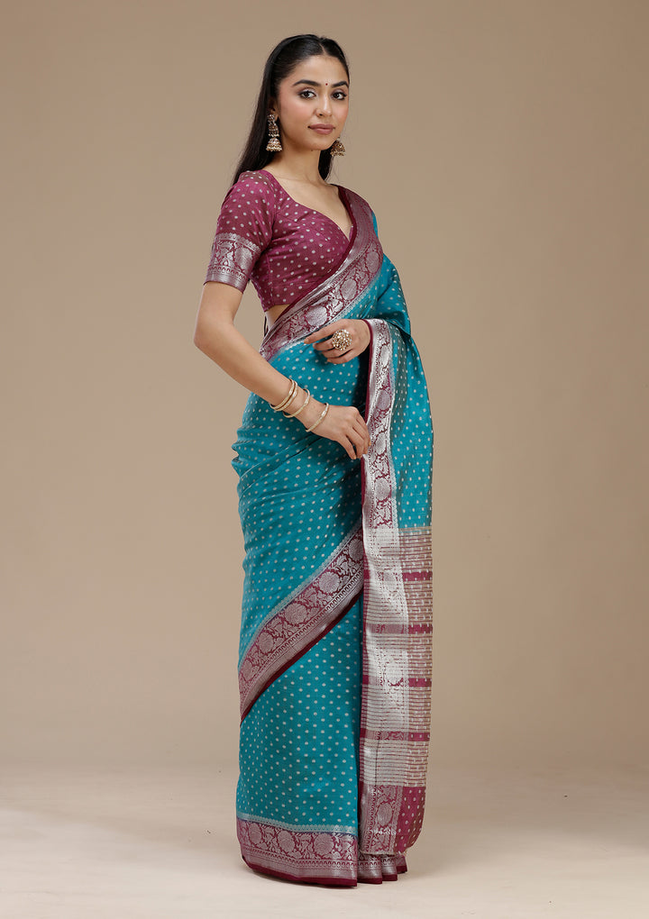 Turquoise Blue Zariwork (Silver) Tussar Silk Saree