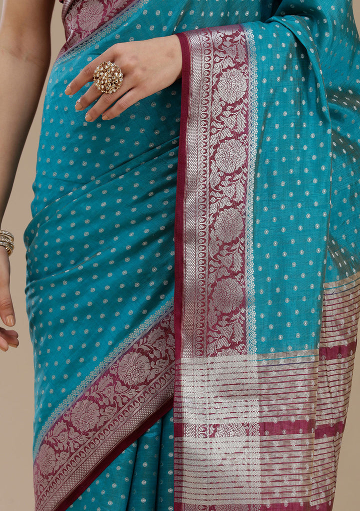 Turquoise Blue Zariwork (Silver) Tussar Silk Saree