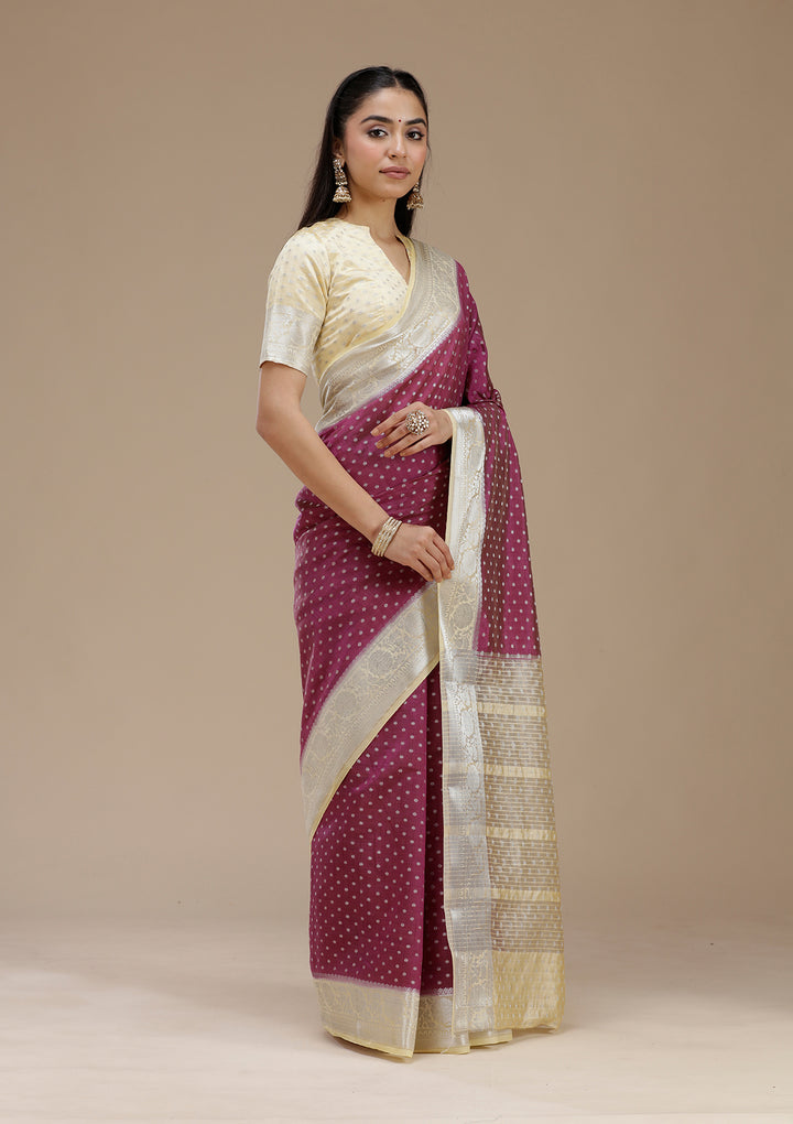 Wine Zariwork (Silver) Tussar Silk Saree