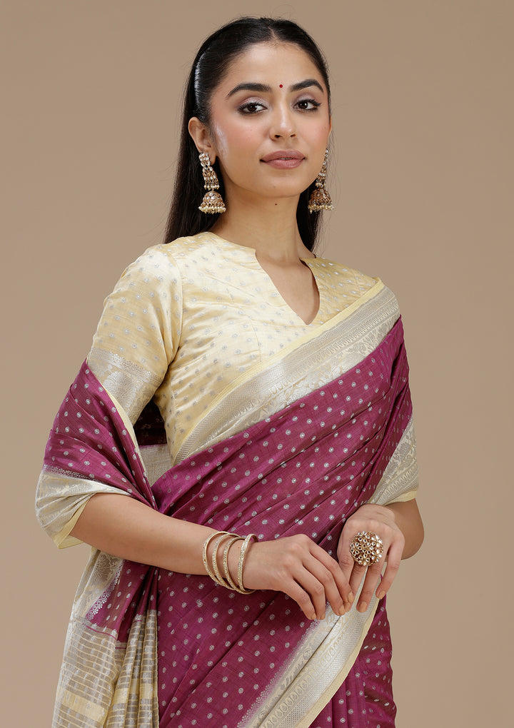 Wine Zariwork (Silver) Tussar Silk Saree
