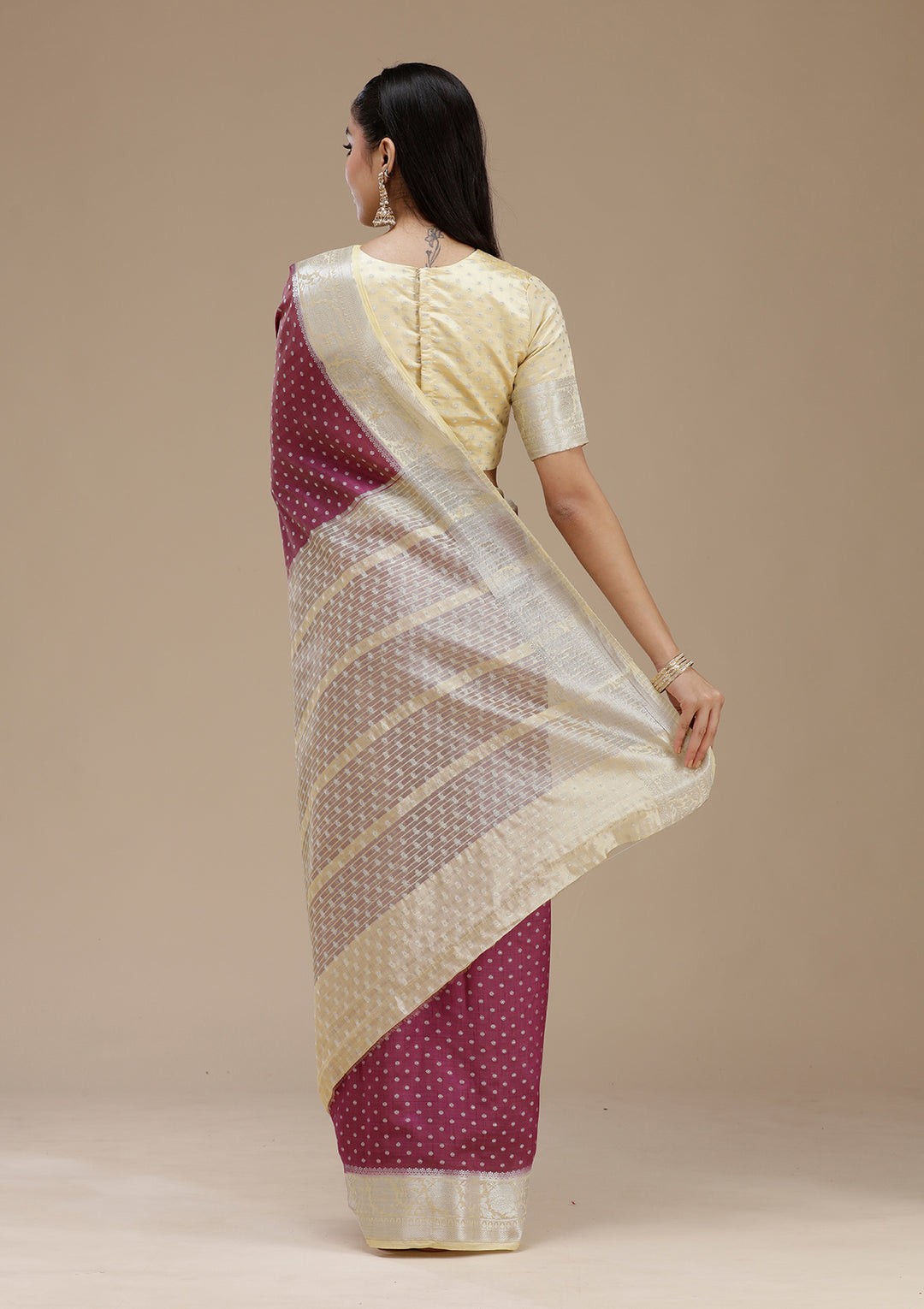 Wine Zariwork (Silver) Tussar Silk Saree