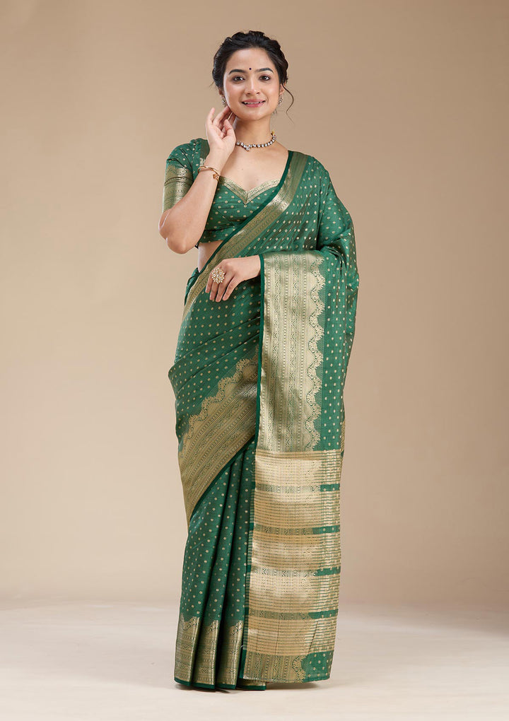 Bottle Green Zariwork (Gold) Tussar Silk Saree