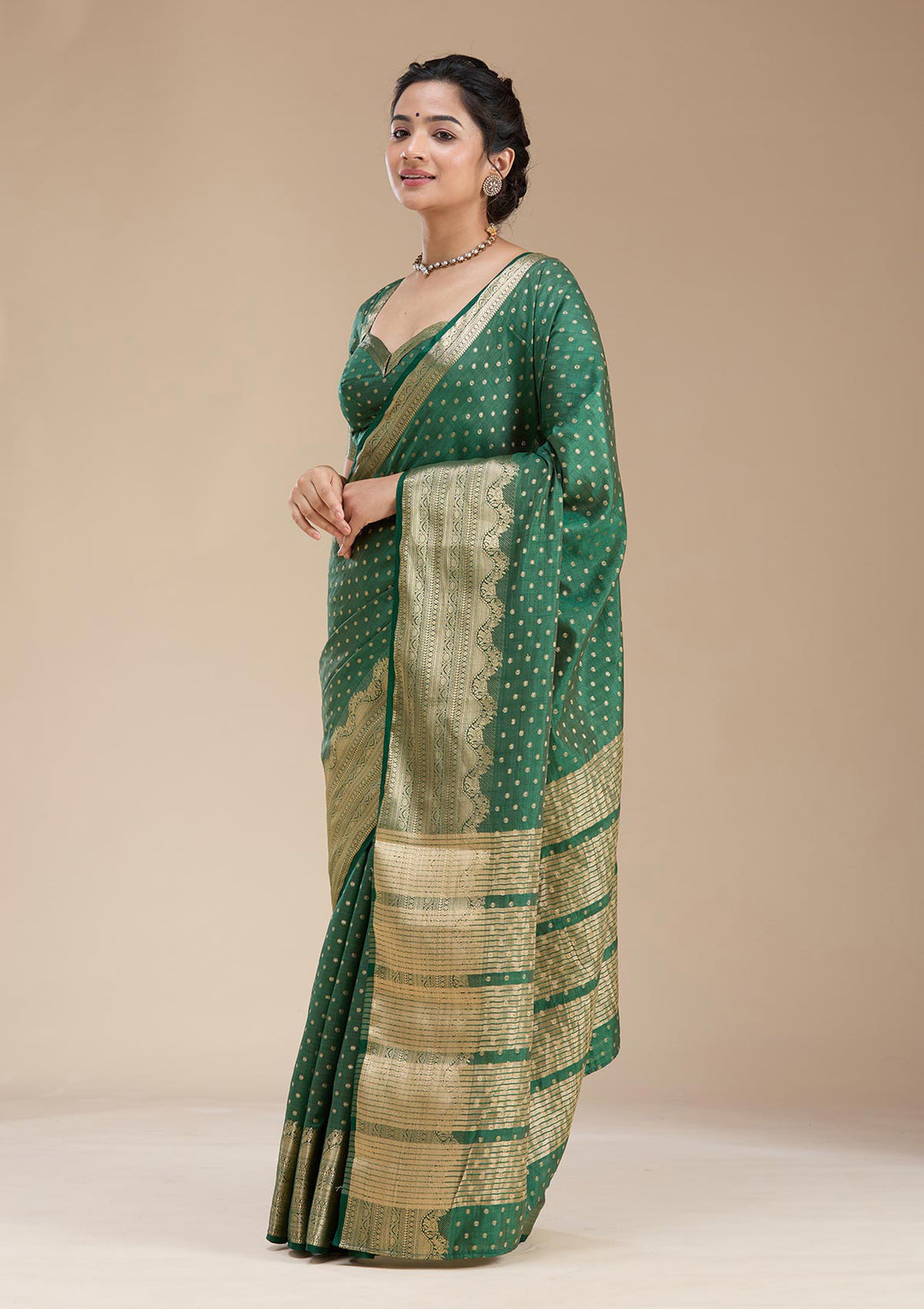 Bottle Green Zariwork (Gold) Tussar Silk Saree