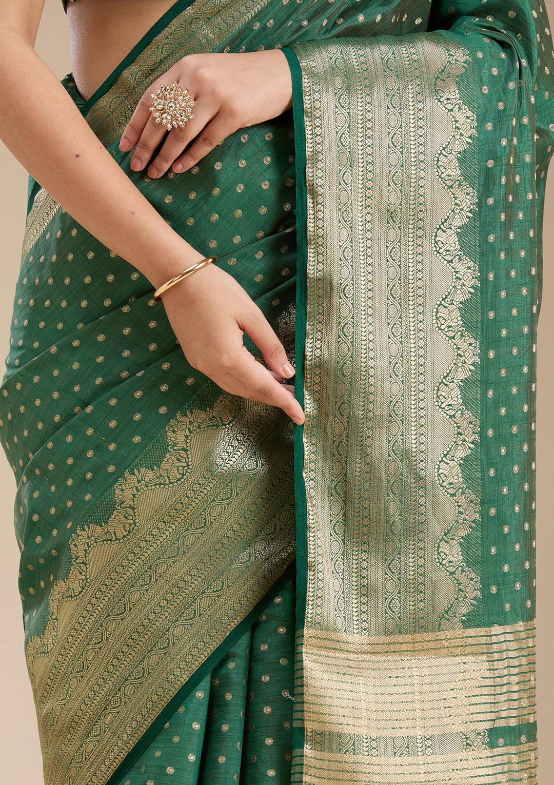 Bottle Green Zariwork (Gold) Tussar Silk Saree