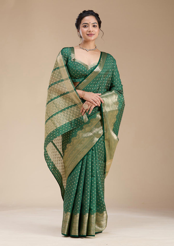 Bottle Green Zariwork (Gold) Tussar Silk Saree