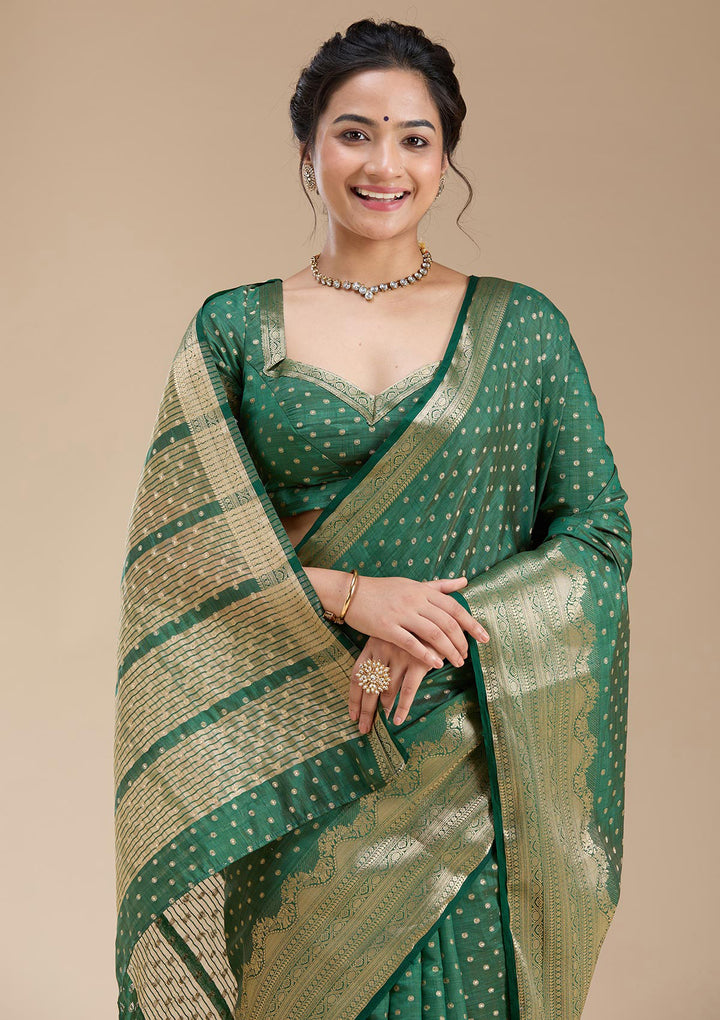 Bottle Green Zariwork (Gold) Tussar Silk Saree