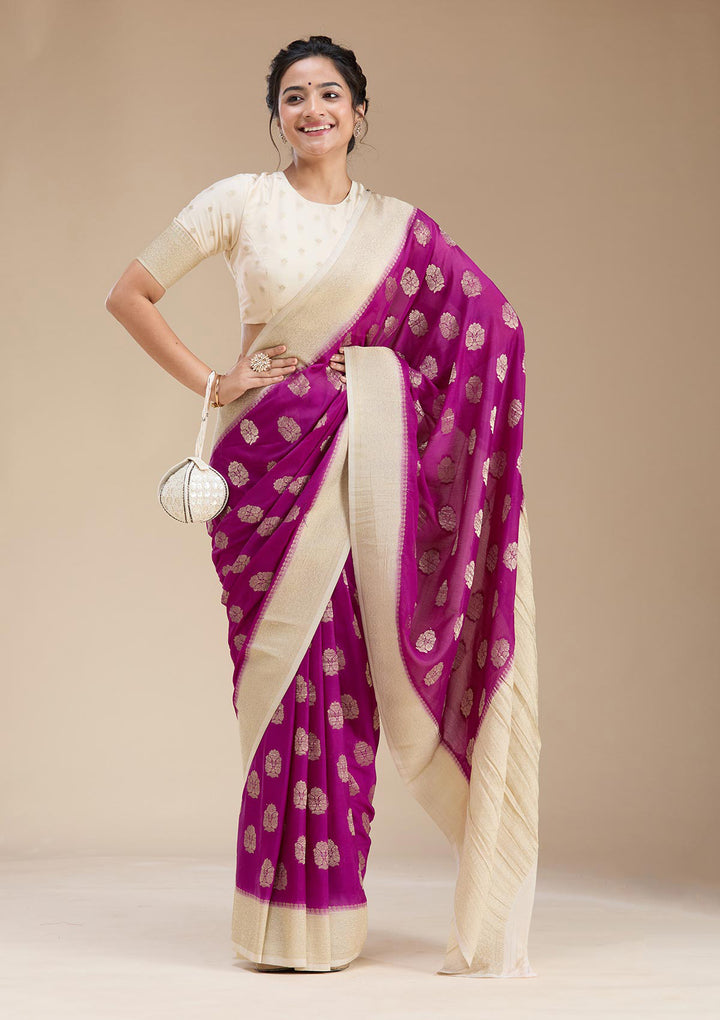 Wine Zariwork (Gold) Georgette Silk Saree