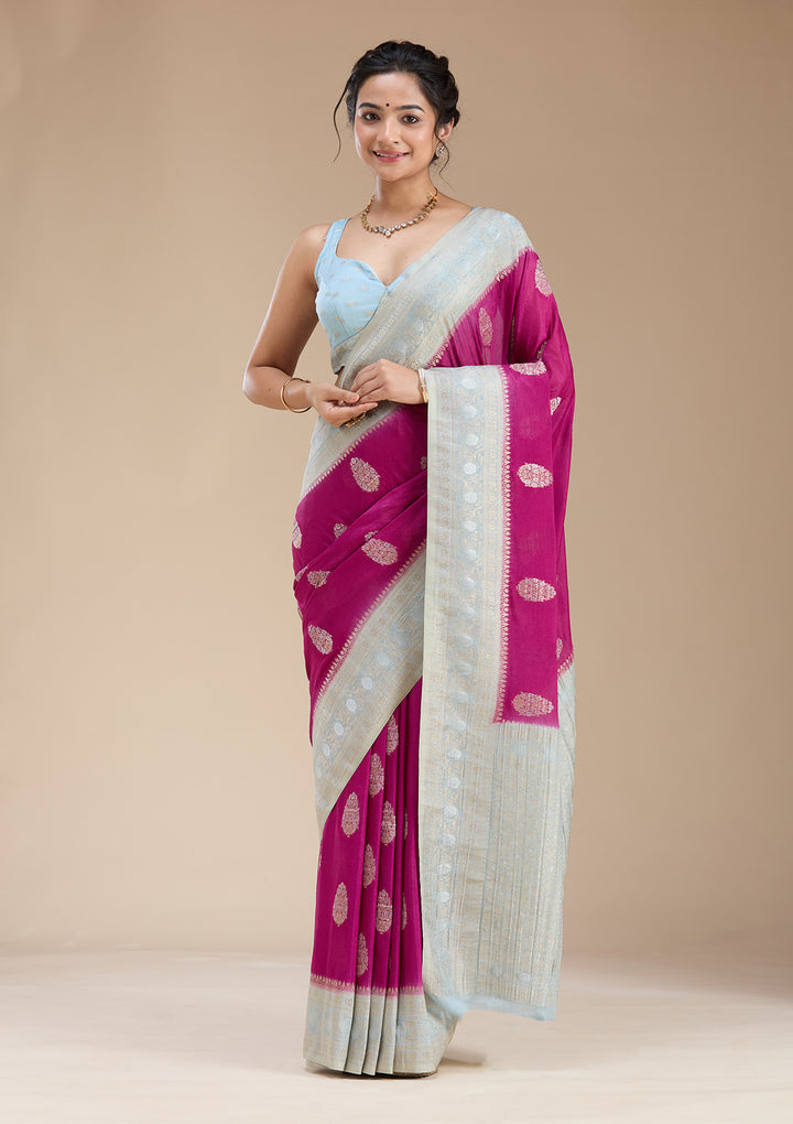 Magenta Pink Zariwork (Gold) Georgette Silk Saree