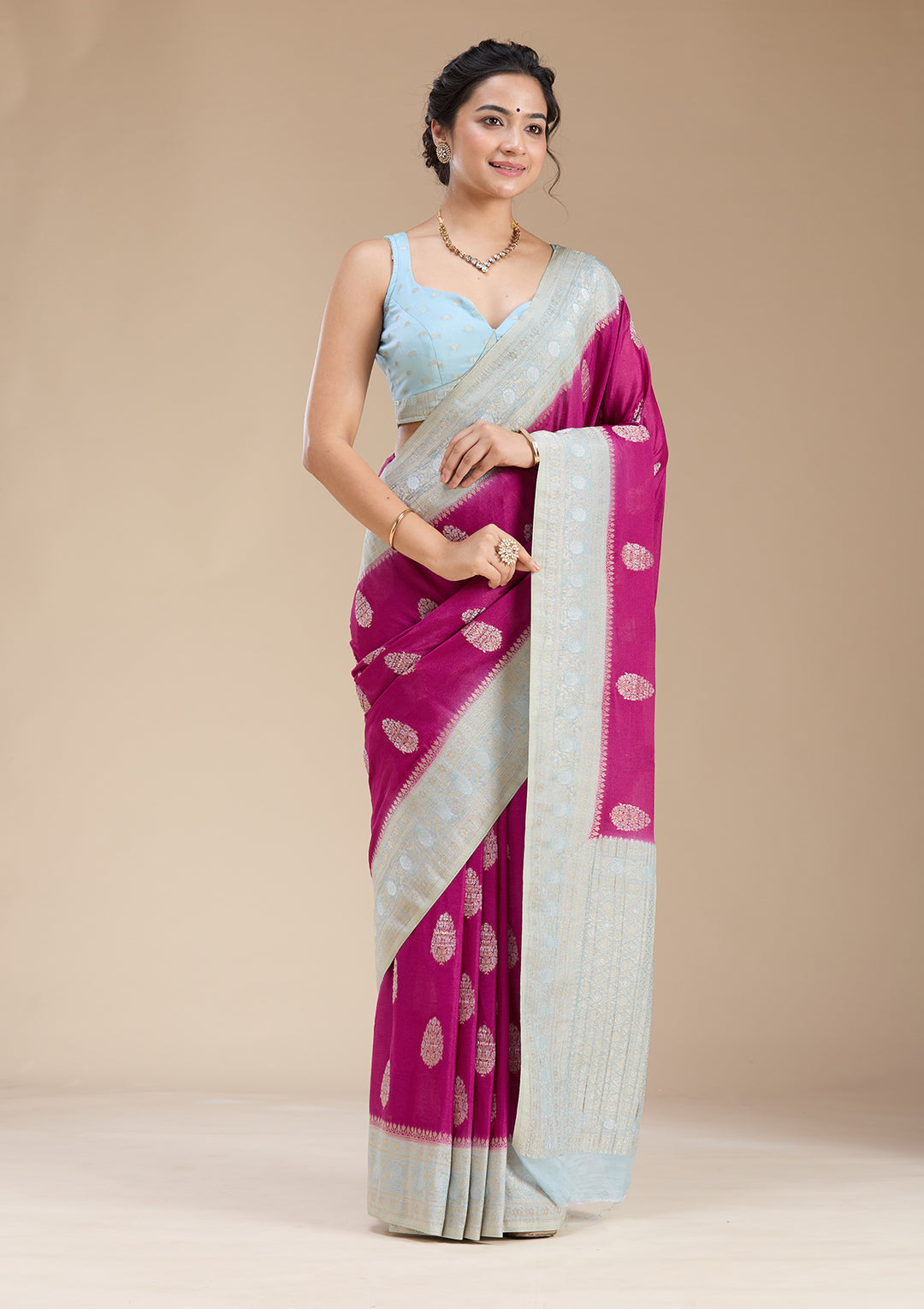 Magenta Pink Zariwork (Gold) Georgette Silk Saree