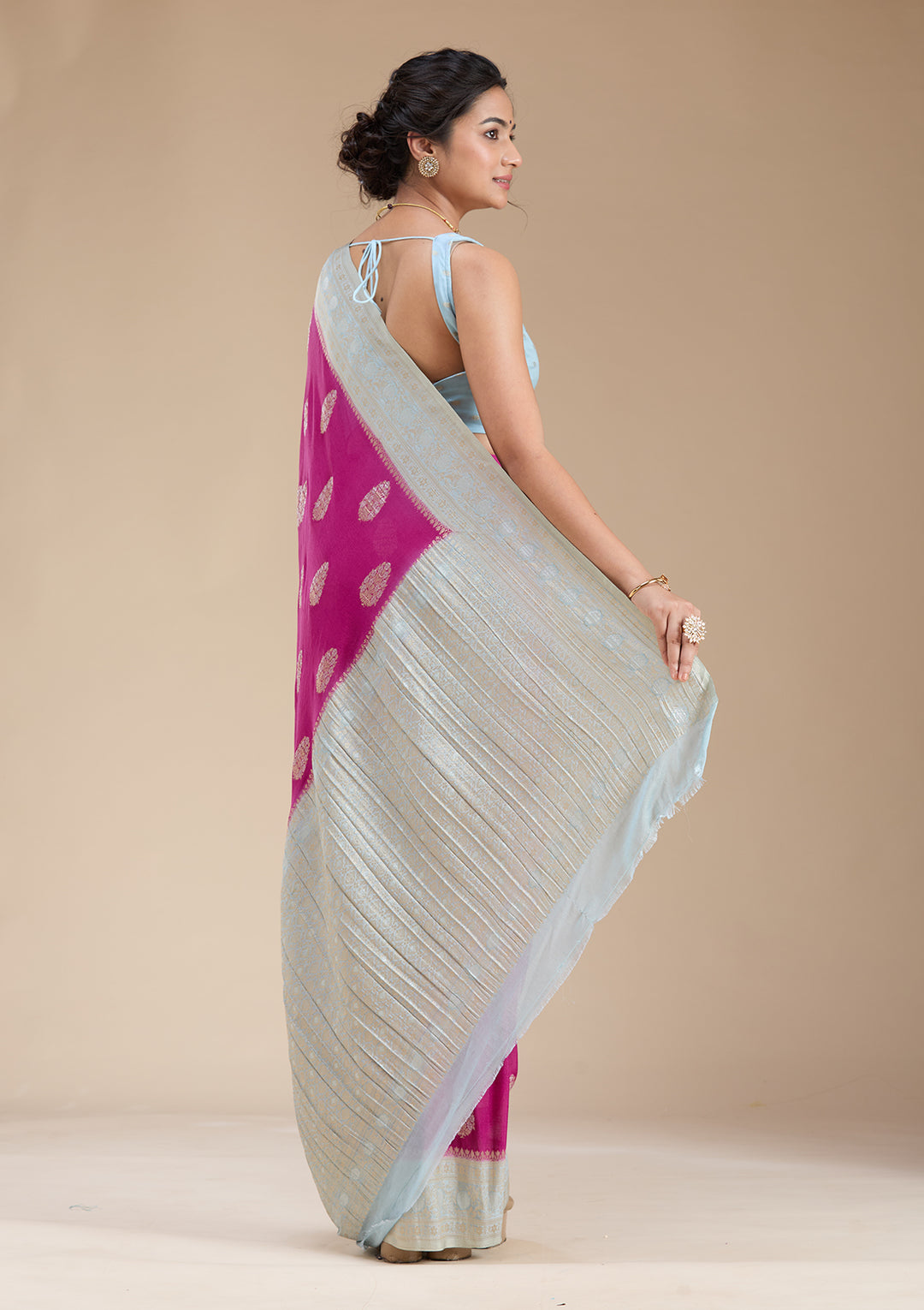 Magenta Pink Zariwork (Gold) Georgette Silk Saree
