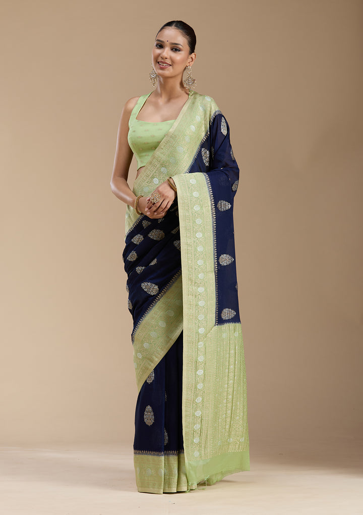 Navy Blue Zariwork (Gold) Georgette Silk_Saree