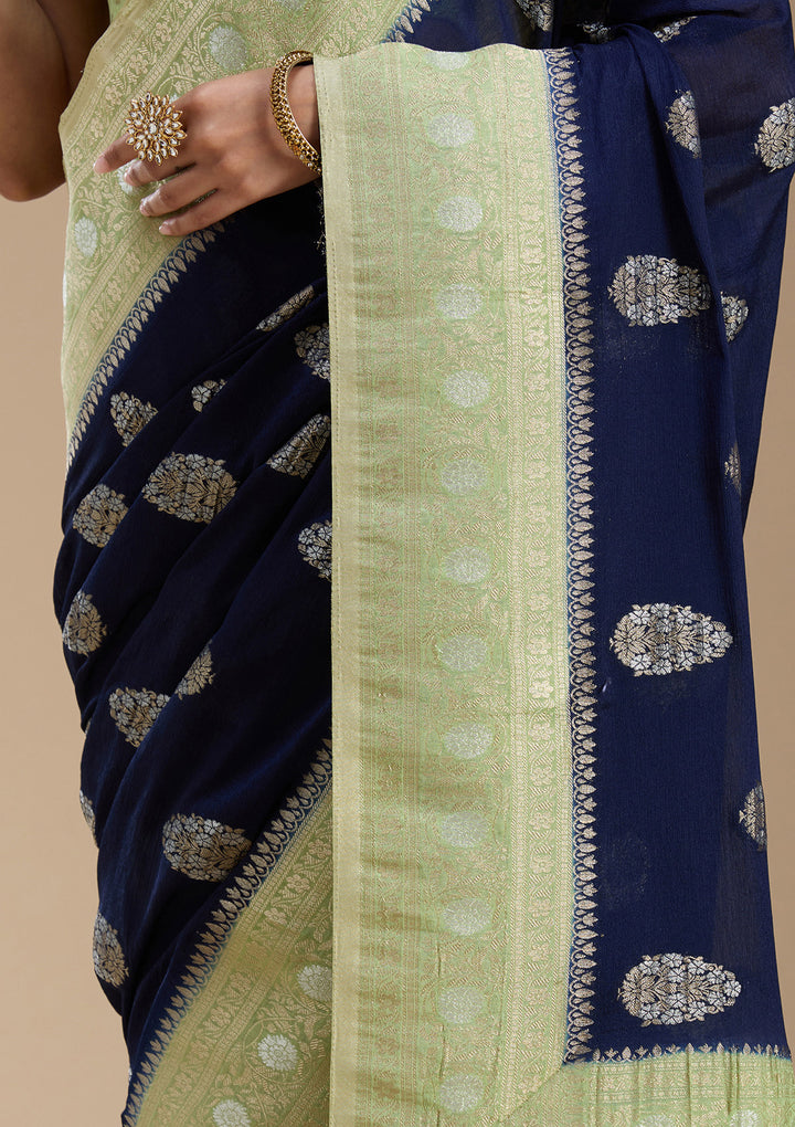 Navy Blue Zariwork (Gold) Georgette Silk_Saree