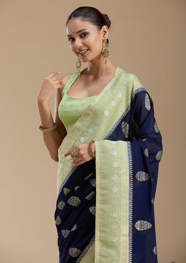 Navy Blue Zariwork (Gold) Georgette Silk_Saree