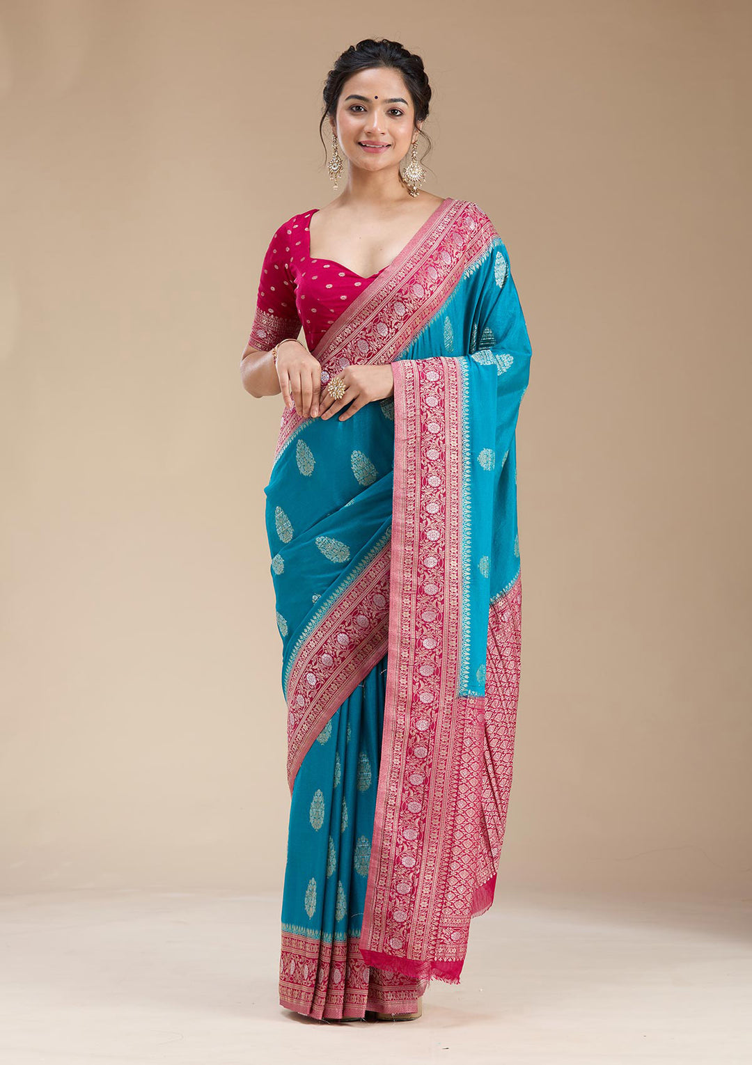 Turquoise Blue Zariwork (Gold) Georgette Silk Saree
