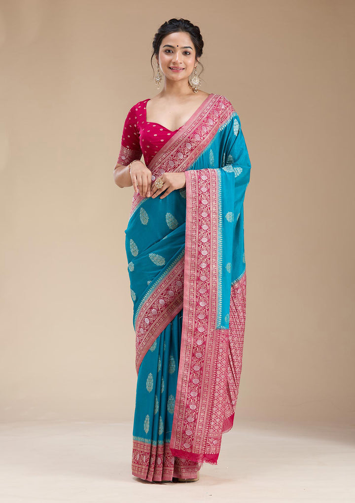 Turquoise Blue Zariwork (Gold) Georgette Silk Saree
