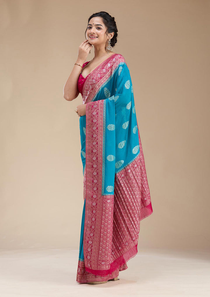 Turquoise Blue Zariwork (Gold) Georgette Silk Saree