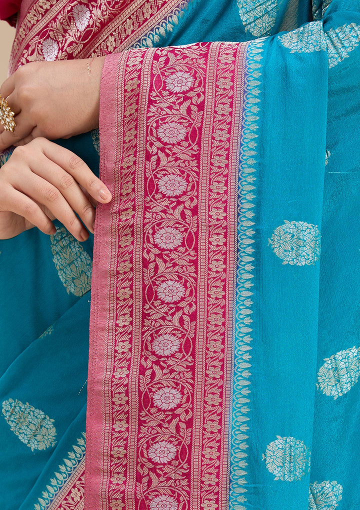 Turquoise Blue Zariwork (Gold) Georgette Silk Saree