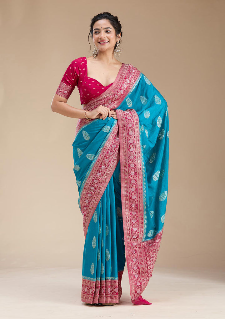 Turquoise Blue Zariwork (Gold) Georgette Silk Saree