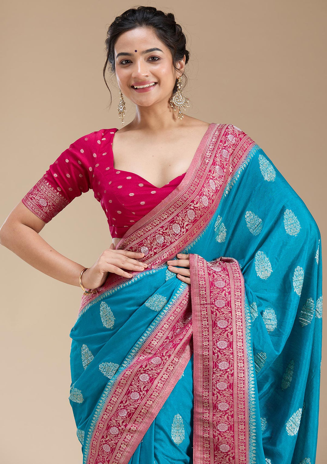 Turquoise Blue Zariwork (Gold) Georgette Silk Saree