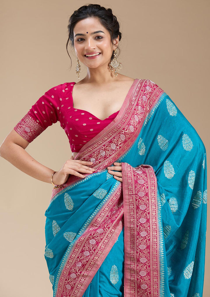Turquoise Blue Zariwork (Gold) Georgette Silk Saree