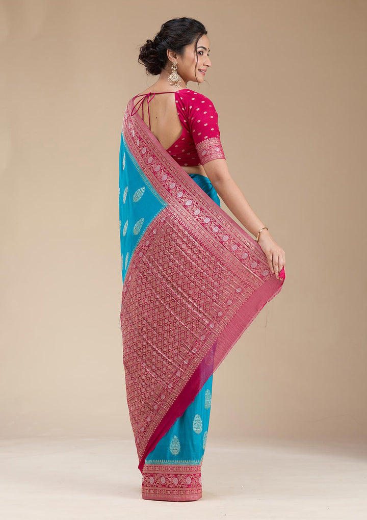 Turquoise Blue Zariwork (Gold) Georgette Silk Saree