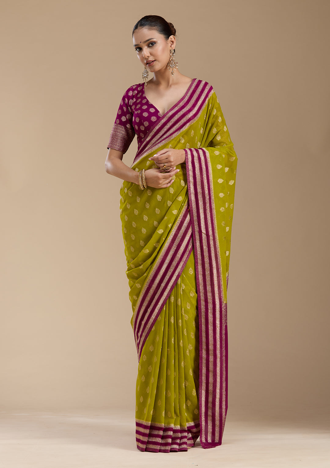 Parrot Green Zariwork (Gold) Georgette Silk_Saree